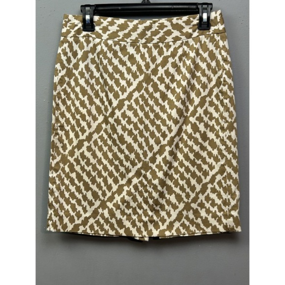J Crew Skirt Womens 4 Tan White Geometric Stretch Cotton‎ Pencil Career Casual